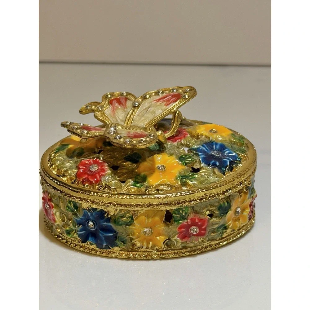 Butterfly & Flowers Trinket Box Gold Jewely Small Magnetic Closure